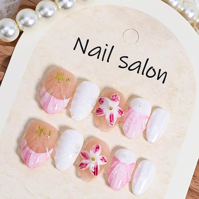 10Pcs Summer Flower Press on Nails Short Almond Fake Nails Gold Shell Starfish Rhinestones Designs Full Cover Artificial Reusable Cute Handmade False Nails for Women Girls Acrylic Nails Accessories