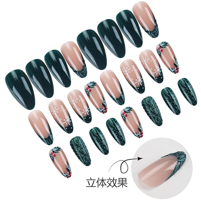 24Pcs Christmas Press on Nails Medium French Tip Fake Nails Winter Snowflake Acrylic Nail Xmas Holly Candy Design Cute Almond False Nail Green Full Cover 3D Christmas Glue on Nails Supplies for Women