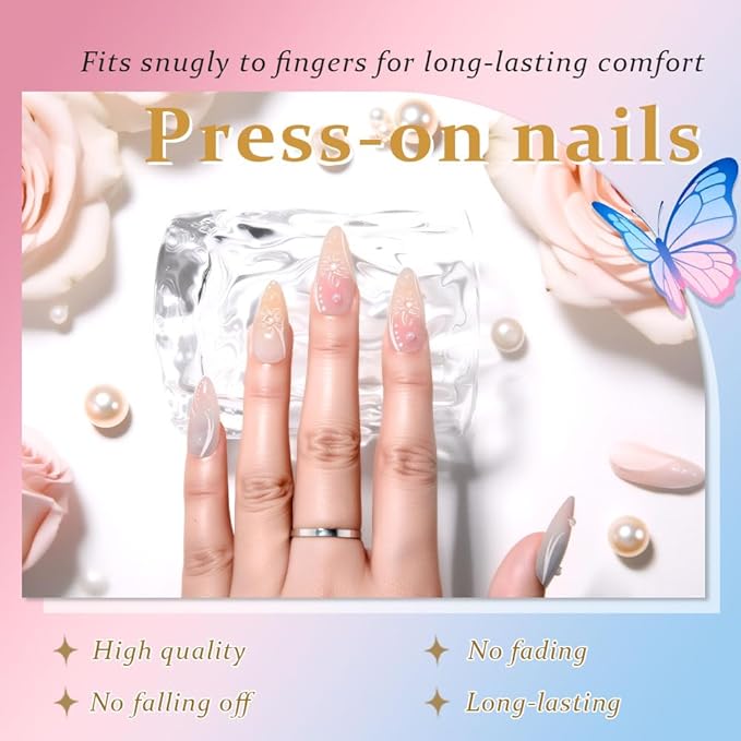 Handmade 3D Flower Butterfly Blue Pink Press On Nails Almond Medium, Cute Nails Press On Floral Pearl Designer Reusable Acrylic Fake Nails With Cute Charms Glue On Nails, Nails For Women