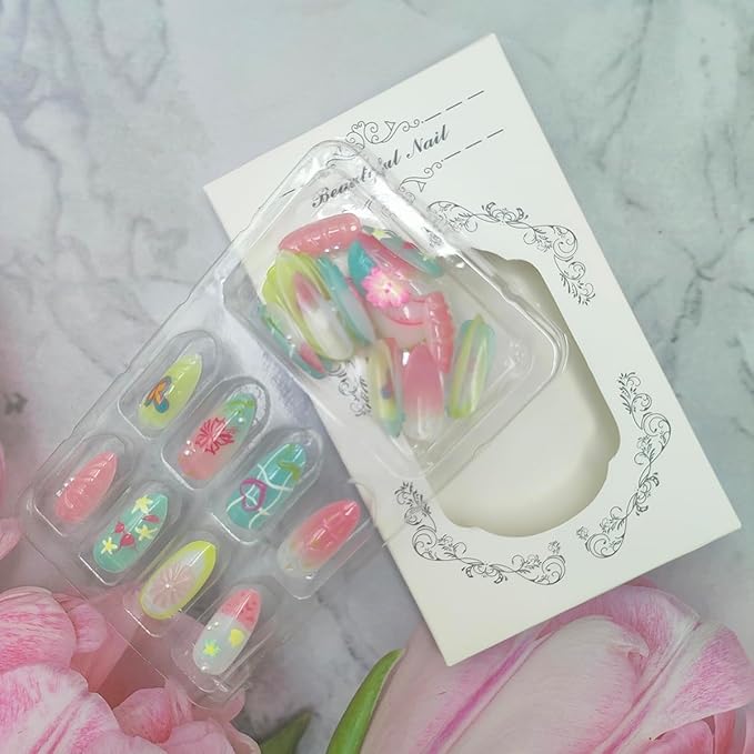 30Pcs Summer Press on Nails Medium Almond Handmade Fake Nails with Starfish Flower Butterfly Heart Design Beach Vacation False Nails Full Cover Glossy Glue on Nails Cute Stick on Nails for Women Girls