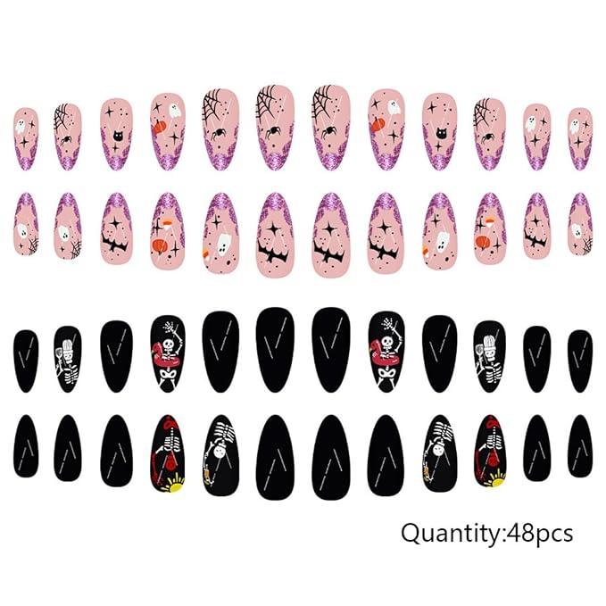 48Pcs Halloween Press on Nails Medium Almond Fake Nails Cute Ghost Skull False Nails wuth Designs Pumpkin Spider Webs Skeleton Glue on Nail Glossy Purple Glitter Acrylic Nail for Women Girls