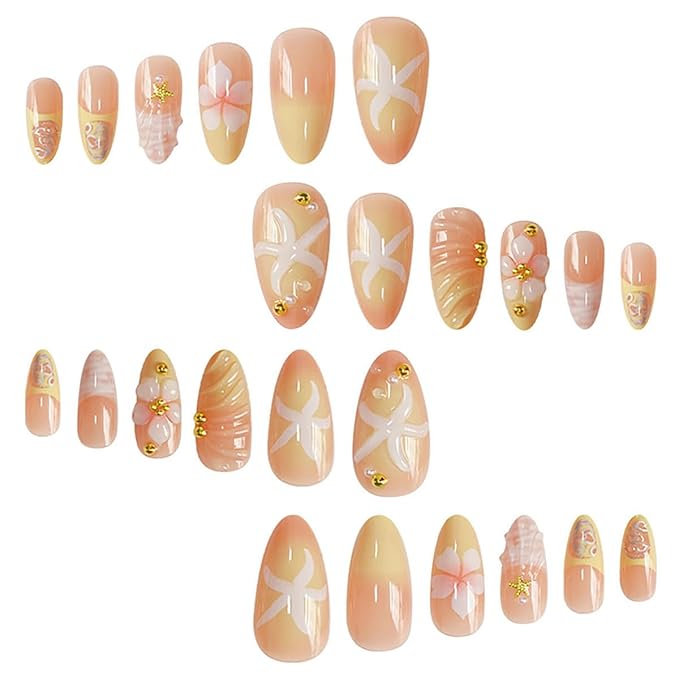 24Pcs Summer Beach Press on Nails Almond Medium Flower Fake Nails with Gold Bead Starfish Rhinestones Design Stick on Nail Ocean Theme Glue on Nails French Tip False Nails for Women Acrylic Manicure