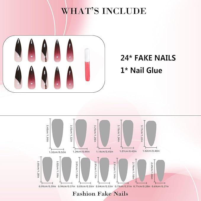 IMRAIN Press on Nails Long Stiletto Fake Nails Purple Gradient French Tips False Nails with Rhinestone Designs Glossy Gel Almond Full Cover Artificial Stick on Nails 24Pcs