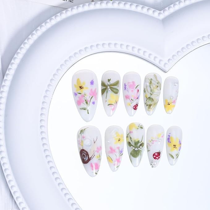 30Pcs Colorful Flower Press On Nails Medium Almond Fake Nails with 3D Water Drop Pearl Design Spring Summer Floral Gold Line False Nails Snails Dragonfly Butterfly Stick on Nails for Women