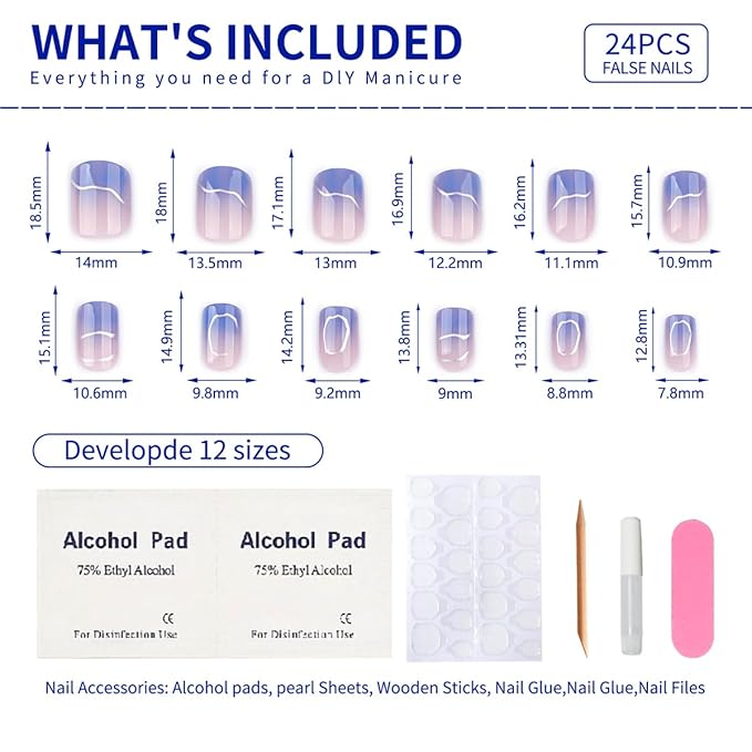 Short Square Press On Nails blue Nude Gradient False Nails with Silver Streaks Acrylic Press in Nail Gel Stick On Nails Set Glue on Nails for Women & Girls 24Pcs