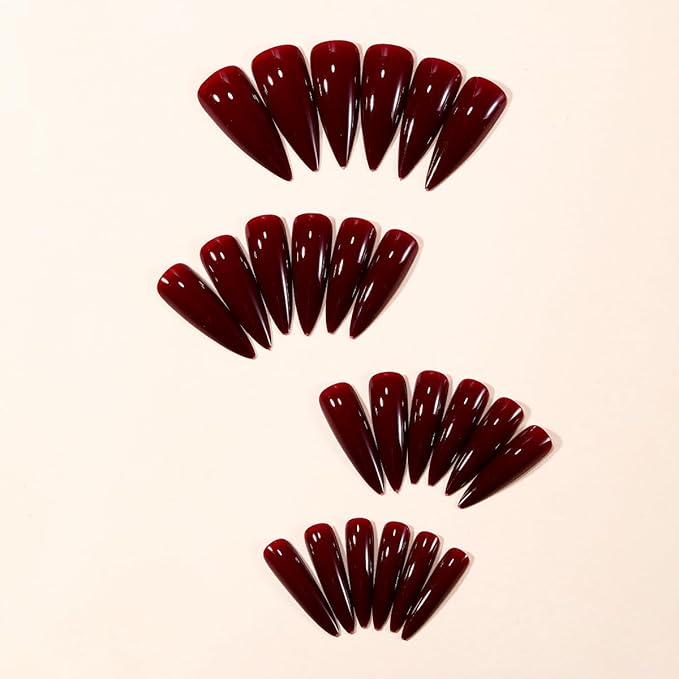 Almond Press on Nails Long Solid Wine Red Fake Nails Full Cover Glossy Stick on Reusable False Nails for Women 24 Pcs