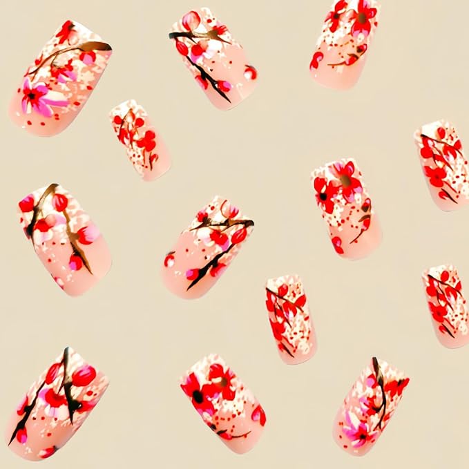 24Pcs Flower Press on Nails Medium Square Fake Nails Pink Full Cover Artificial Glue on Nails Spring Summer False Nails Reusable Nail Supplies Silver Glitter Stick on Nails for Women Girls Nails Kit