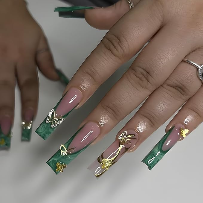 Long Press on Nails Square Fake Nails French Tip False Nails Green Artificial Nails with Butterfly Designs Stick on Nails for Women 24pcs