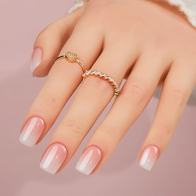 Jofay Fashion Press On Nails - Short, Square Ombre Gel Nails, 24PCS Kit with Glue, Fit Perfectly & Natural Look in 12 Sizes