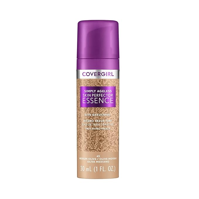 Covergirl Simply Ageless Skin Perfector Essence Foundation, 45 Medium-Olive, Tinted Skincare Makeup Hybrid, Sheer Tint, Radiant Finish, Glowy Finish, Vegan Formula, 1.0oz