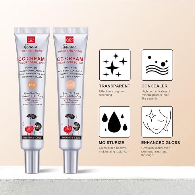Color Correcting CC Cream with SPF 25, Coverage Lightweight Foundation, Hydrating Serum, Even Skin Tone Makeup and Skin Care, Boost Radiance, Refine Skin Texture, Avoid Sun Damage (2PCS Dark, Large)