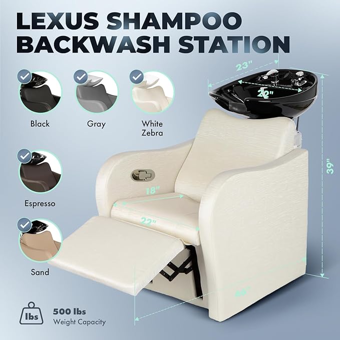 Buy-Rite Lexus Backwash Unit – White Zebra Vinyl Chair, Tilting Black Porcelain Bowl, Kick-Out Legrest, Extra Wide Seat, European Faucet, Salon Shampoo Station – TS-8018B