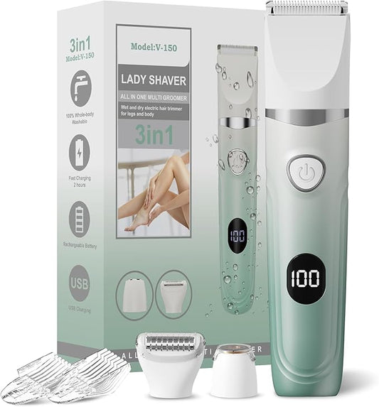 Bikini Trimmer for Women, 3-in-1 Electric Razors for Women, Waterproof Bikini Shaver Replaceable Facial, Body Trimmer for Pubic Hair, Painless Razor for Hair Trimmer Gifts for Her, Mint Green