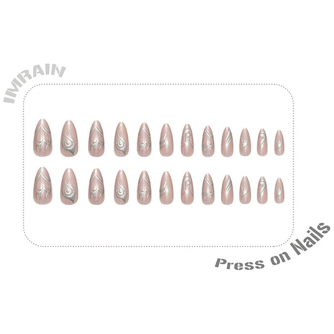 IMRAIN Press on Nails Medium Almond Fake Nails Nude Cat's Eye False Nails with 3D Irregular Line Designs Acrylic Nail Supplies Glossy Glue on Nails for Women Girls Manicure Decor