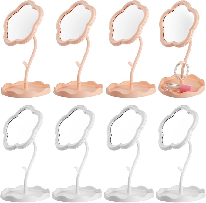 Homaisson 8 PCS Flower Shaped Spa Party Mirrors, Sunflower Makeup Mirror with Jewelry Hanger & Cosmetic Tray, Curved Stand Mirror Sleepover Party Favors