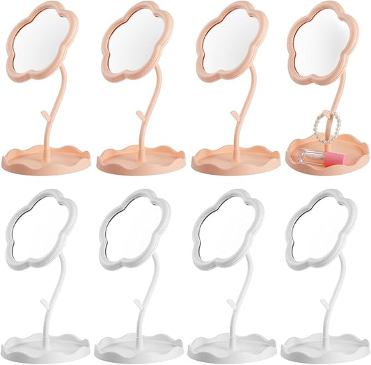 Homaisson 8 PCS Flower Shaped Spa Party Mirrors, Sunflower Makeup Mirror with Jewelry Hanger & Cosmetic Tray, Curved Stand Mirror Sleepover Party Favors