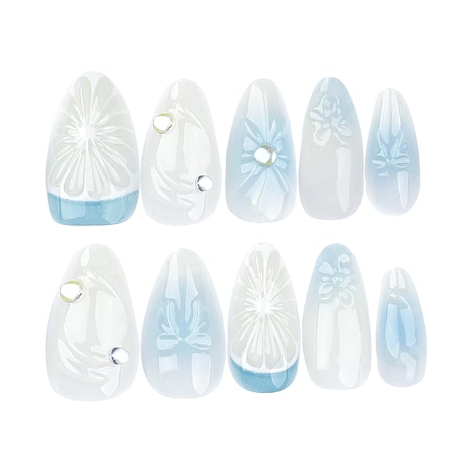 24Pcs Bow Press on Nails Medium Almond Fake Nails with 3D Rhinestones Fruit Flower Design Blue White Gradient Acrylic False Nails Summer French Tip Glue on Nails for Women Manicure Decor