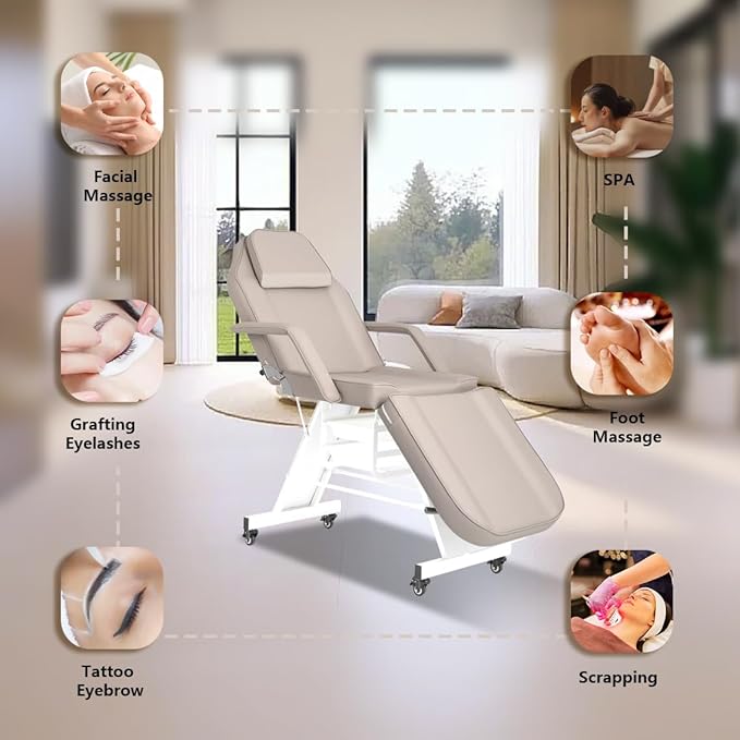 Tattoo Chair for Client Facial Table Adjustable 73inch Facial Chair Spa Esthetician with Stool for Beauty Tattoo Eyelash Equipment Black (Gray)