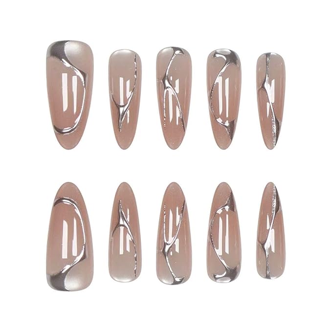 30 Pcs Long Press on Nails Almond Fake Nails Cat Eye Design Glue on Nails 3D Silver Line Glossy Acrylic Nails Full Cover Stick on Nails for Women 24 Pcs