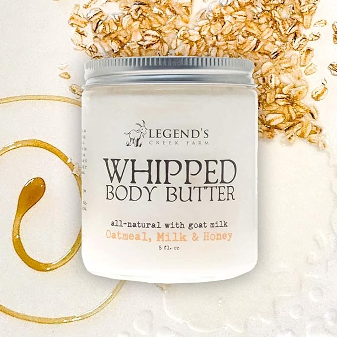 Legend's Creek Farm, Whipped Goat Milk Body Butter, Hydrating Moisturizer with Organic Shea Butter & Grape Seed Oil, Purifying & Toning, Handmade in USA, 8 Oz Jar (Oatmeal, Milk & Honey B.B.)