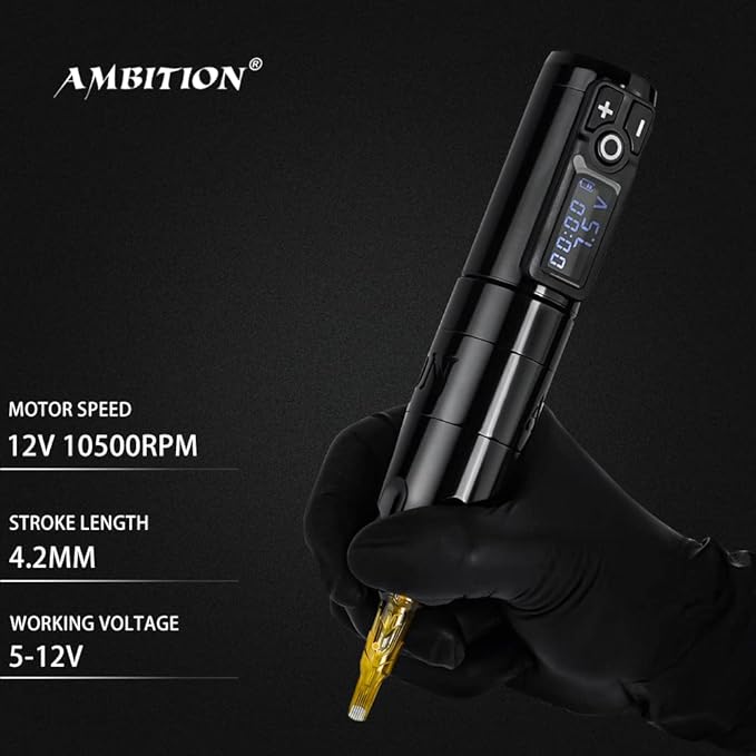 Ambition Soldier Rotary Battery Pen with Extra Battery Tattoo Cartridge Machine 2400mAh Wireless Power Coreless Motor Digital LED Display Tattoo Equipment Supply (Polish Black)