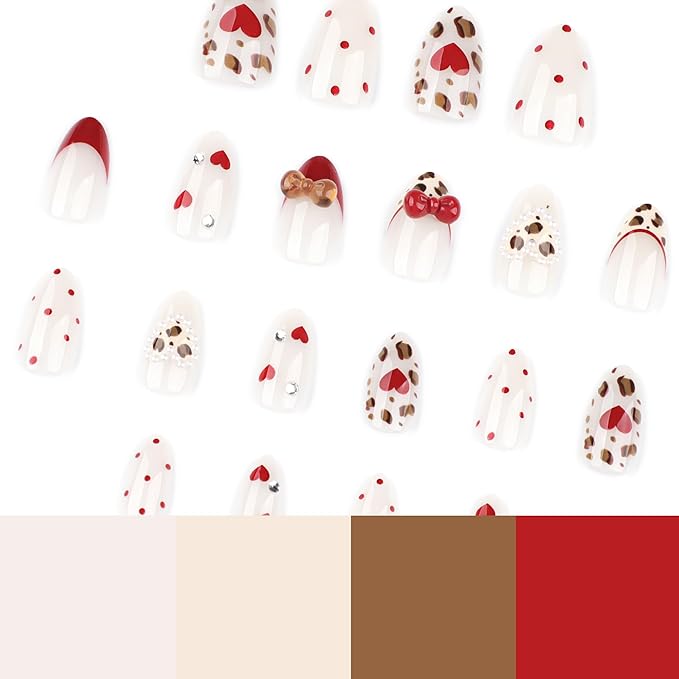 Nude Almond Press On Nails Short, Cute Fake Nails with Red 3D Bow Heart Leopard Pearl & Rhinestone Detail, Glossy Gel Finish Acrylic Nails, Party Reusable Glue On Nails Kit for Women, 24Pcs