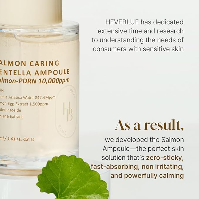 HEVEBLUE Salmon Caring Centella Ampoule - Salmon PDRN, Salmon Egg Extract, Centella, Madecassoside, Calming, Soothing, Restore and Rejuvenate, Sensitive Skin, Korean Skincare