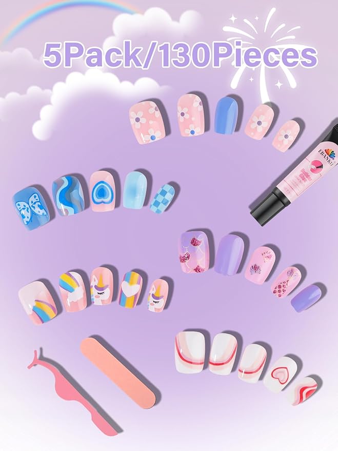 130 Pieces Press on Nails for Kids, EBANKU Child Fake Nails Rainbow Full Cover Short Stick On False Nail Kits Set with Nail Glue for Girl