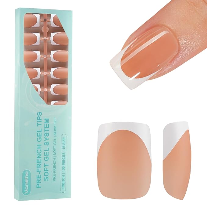 150Pcs French Gel Nails, Vansiho French Tip Press on Nails Brown, Short Square Soft Gel Nails Tips, Acrylic Fake Nails for Nail Art DIY 15 Sizes