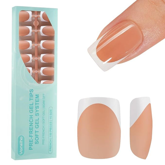 150Pcs French Gel Nails, Vansiho French Tip Press on Nails Brown, Short Square Soft Gel Nails Tips, Acrylic Fake Nails for Nail Art DIY 15 Sizes