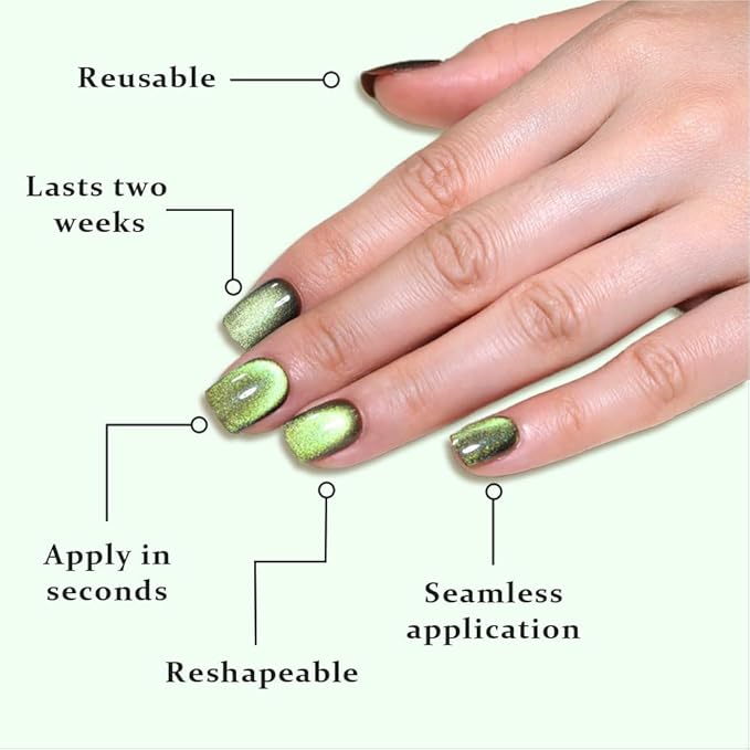 evpct Light Green Cat Eye Extra Short Press on Nails Square, Petite Short Square Glue on Nails for Women Gift, Light Green Metallic Glitter Glossy Reusable Gel Press on Acrylic Fake Nail with Designs