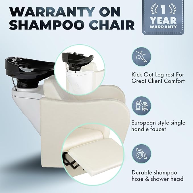 Buy-Rite Lexus Backwash Unit – White Zebra Vinyl Chair, Tilting Black Porcelain Bowl, Kick-Out Legrest, Extra Wide Seat, European Faucet, Salon Shampoo Station – TS-8018B