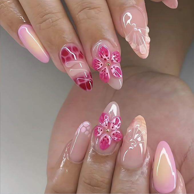 Short Press on Nails Almond Nails Tips Autumn Fake Nails French Tip Glue on Nails Nude Gloss Acrylic Nail Reusable 3D Flower Stick on Nail Full Cover False Nail for Women Manicure Accessories 24Pcs