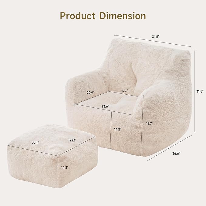 ONBRILL Giant Bean Bag Chairs for Adults with Ottoman, Faux Fur Boneless Chaise Couch Filler with Memory Foam,Large BeanBag Lounge Lazy Floor Sofa Accent Chair for Living Room,Bedroom & Game Rooms