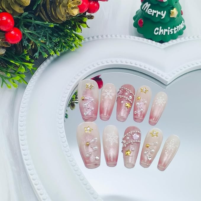 10Pcs Christmas Press on Nails Medium Square Pink Fake Nails Christmas Handmade Nails with 3D Pearl Rhinestones Design Glossy Full Cover Glue on Nails for Women Girls DIY Winter Acrylic Stick on Nails