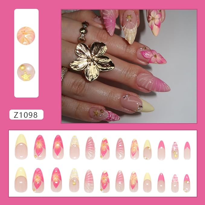 24Pcs Pink Flower Press on Nails Medium Almond French Tip Fake Nails with Gold Shell Pearl Rhinestones Design Summer Full Cover Artificial Glue on Nails Cute Acrylic Stick on Nails for Women DIY