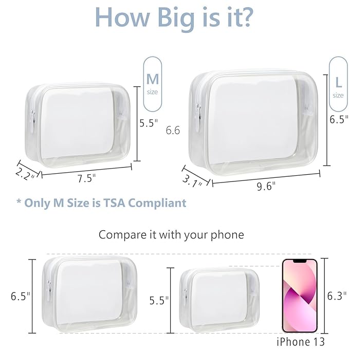 PACKISM Clear Makeup Bags - 2 Pack Quart Size Travel Bag TSA Approved Clear Travel Bags for Toiletries,Cosmetic Bags Carry onToiletry Bag TSA Approved Toiletry Bags, White