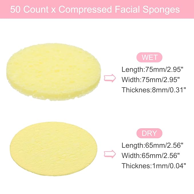 uxcell 50 Count Compressed Facial Sponges Round Face Cleansing Sponges Pads for Daily Skincare Routines at Home, Kitchen(Yellow)