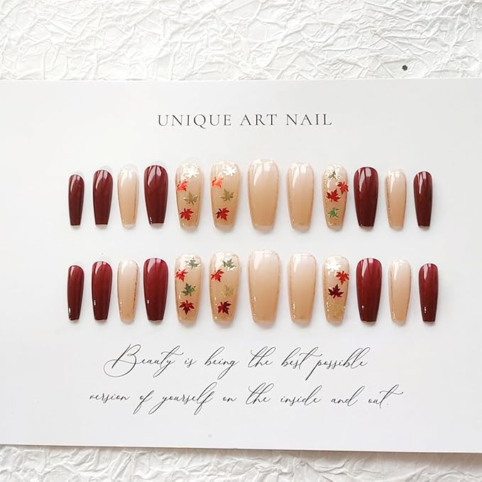 24Pcs Fall Press on Nails Long Coffin Fake Nails Glitter Maple Leaves Full Cover False Nail Thanksgiving Glue on Nails Maple Leaf Acrylic Nail Red Brown Autumn Artificial Stick on Nail for Women