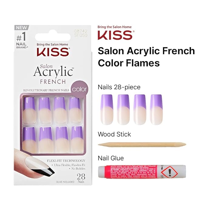KISS Acrylic French False Nails Kit, Long Square Shape Design Nail, Purple Color French Tip Nails, Ready to Wear Gel & Manicure Stick included, Long-Lasting Convenient & Easy to Apply