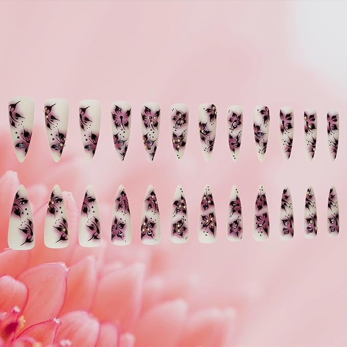 24Pcs 3D Flower Press on Nails Polk Dots Gel Glue on Acrylic Fake Nails Blood Flowers Press ons Fingernails Matte Pink Gradient Long Stiletto False Nail Pearls Stick on Nail for Holiday Manicure Art