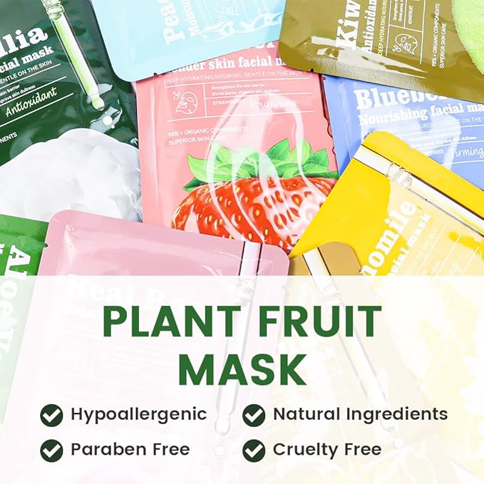 Face Sheet Mask Skincare,Hydrating Spa Face Mask For Sensitive Skin,Moisturize,Nourish for All Skin Types,Natural Skin Care Spa Face Mask for Women Men Girls,Pack of 12
