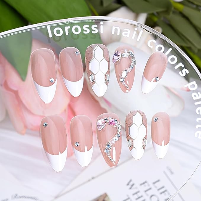 French Tip Press on Nails Medium Almond Fake Nails 3D Snake Rhinestones Design Nude Pink Acrylic Nails White French Nails Tip Glossy Glue on Nails Full Cover Artificial False Nails for Women 24Pcs