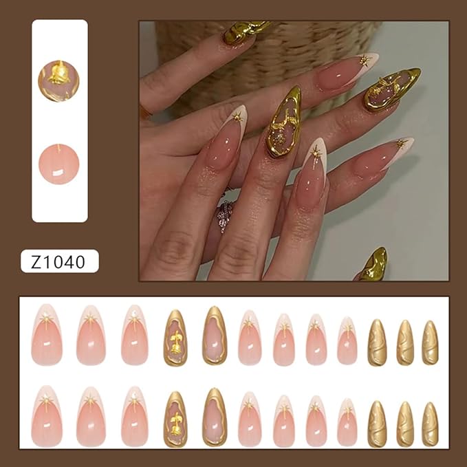 24Pcs French Tip Press on Nails Medium Almond Fake Nails 3D Star Irregular Ripple Gold Rose Nail Design Elegant Sparkly French Glue on Nails Press ons False Nails Reusable Acrylic Nails for Women