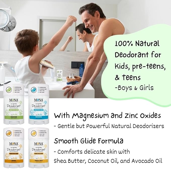 MONA 100% Natural Deodorant for Kids, Preteens & Teens | No Baking Soda, Synthetic Scents or Aluminum | Safe for Girls & Boys with Sensitive Skin | Hypoallergenic & Vegan (HONEYDEW 1.76 Oz)