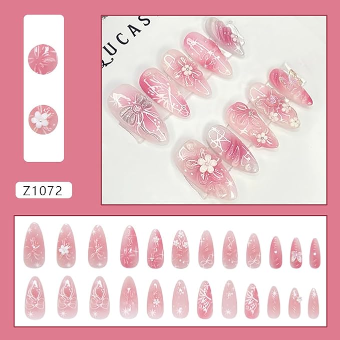 24Pcs Flower Press on Nails Medium Almond Fake Nails 3D Flowers Bow Butterfly with Rhinestones Glitter Designs Full Cover Pink Ombre Stick on Nails Summer False Nails for Women Girls Acrylic Nail Art