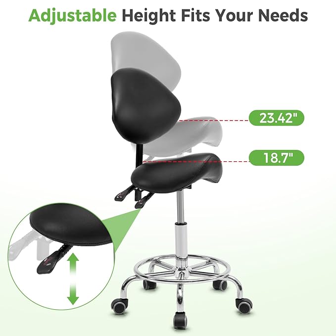 Tatub Saddle Stool, Rolling Stool with Back Support, Ergonomic Saddle Chair, Adjustable Stool with Wheels for Salon, Tattoo, Spa, Dentist, Massage, Office