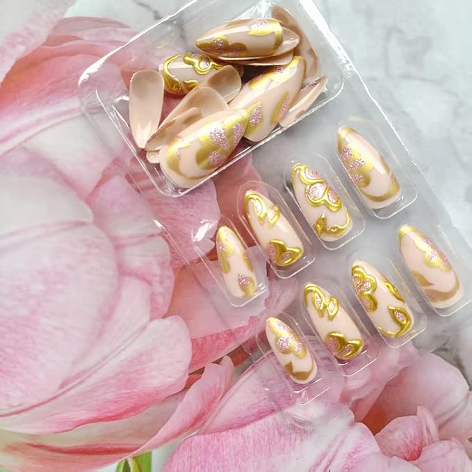 24Pcs Gold Press on Nails Medium Almond Fake Nails with Pink Glitter Glue on Nails Gold Chrome Full Cover Nail Tips French False Nails Pink Acrylic Nails Glossy Stick on Nails for Women Manicure
