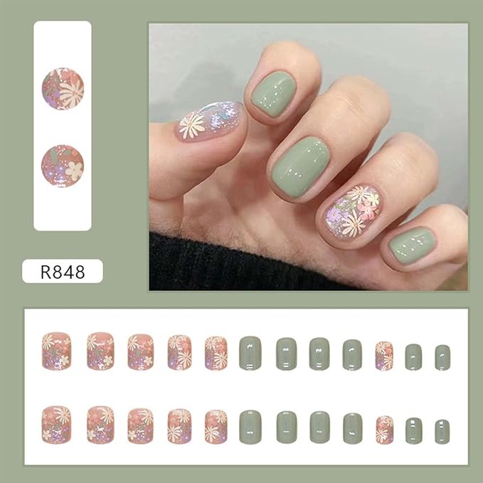 Square Press on Nails Short Fake Nails Green False Nails with Flower Design Floral Acrylic Nails Full Cover Artificial Nails Stick on Nails Glue on Nails for Women Manicure Art 24Pcs