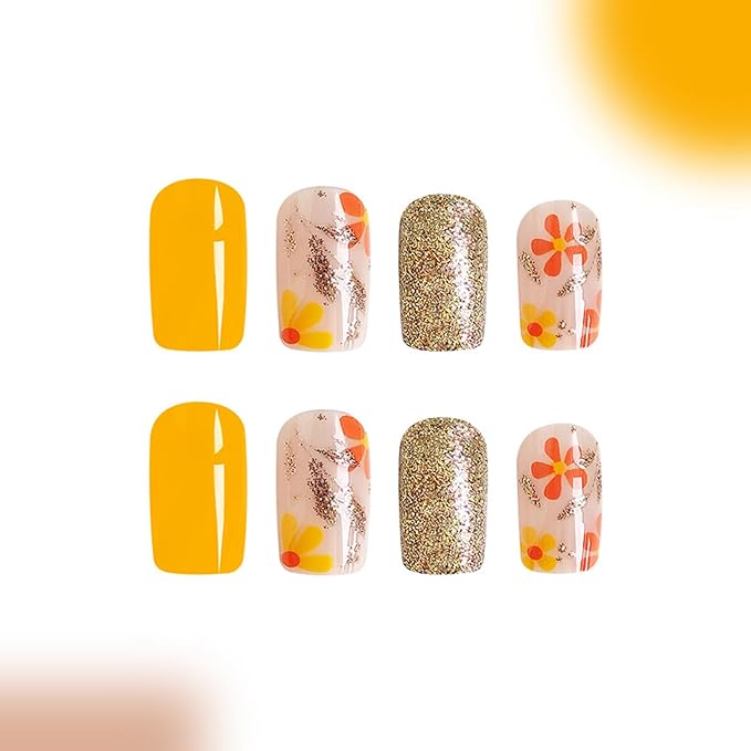 Square Press on Nails Medium False Nails with Glitter Leaves Flower Designs Yellow Fake Nails Glitter Nails Press ons Glossy Glue on Nails Fall Artificial Orange Stick on Nails for Women 24Pcs